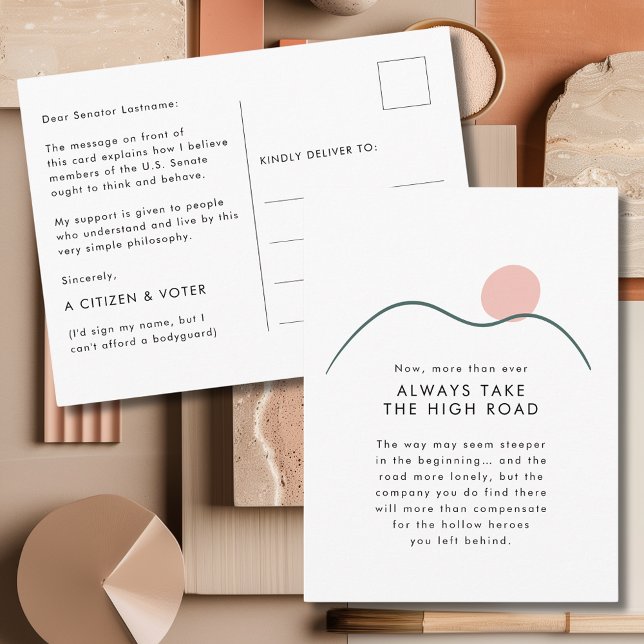 Cartão Postal Mountain Sun leva a estrada alta para os senadores (Abstract Mountain and Sun Take the High Road Motivational Quote Postcard for Senators)