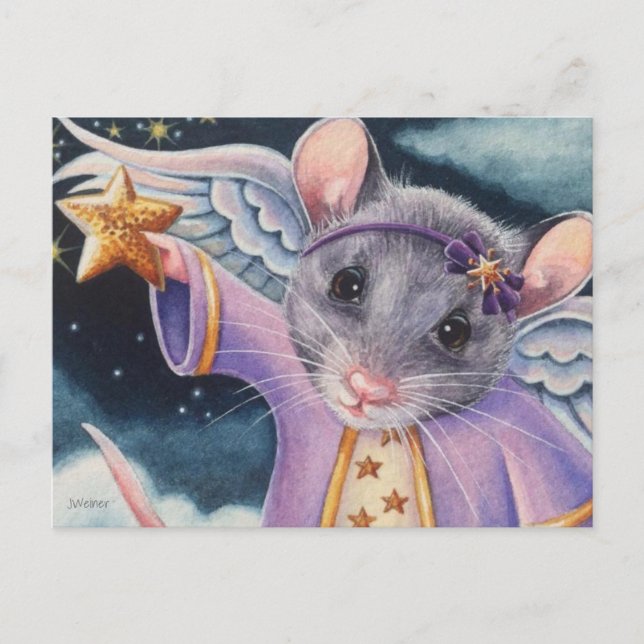 Cartão Postal Mouse Anjo de Natal Pegando Arte em Água nas Estre (Frente)