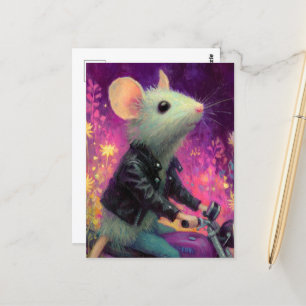 Cartão Postal Mouse branco adorável cavando um motocicleta na fl