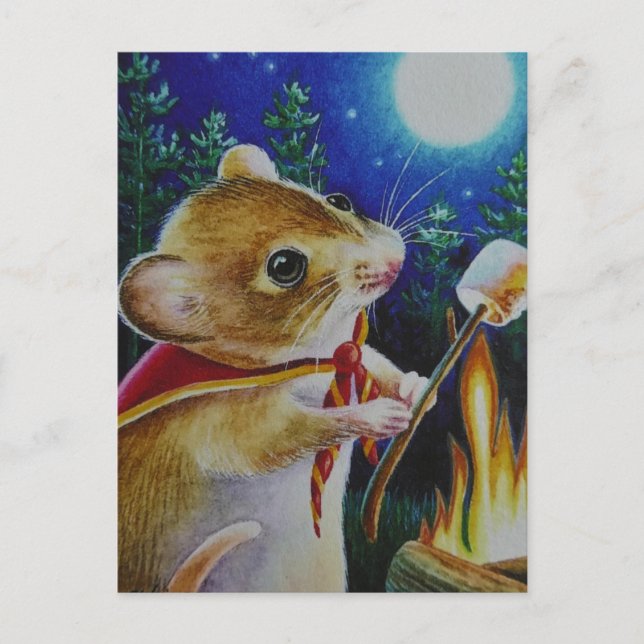 Cartão Postal Mouse de Camper Rostando Marshmallow Watercolor Ar (Frente)