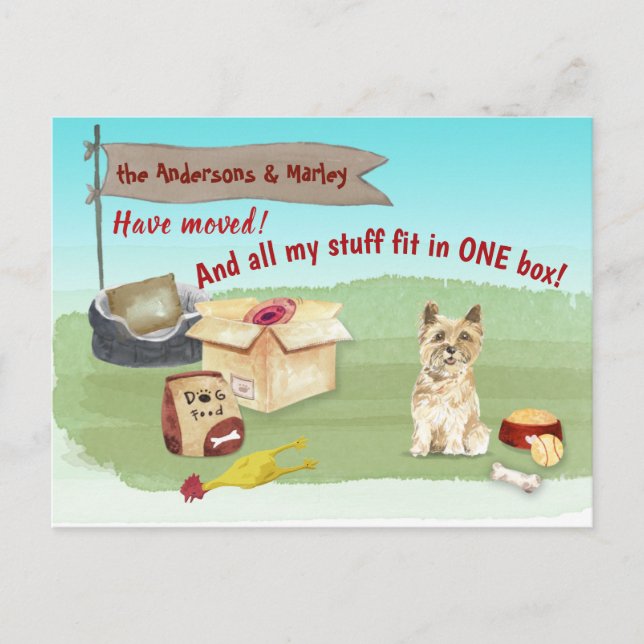 Cartão Postal Movendo os Cairn Terrier Dog Toys Nossa Nova Casa (Frente)