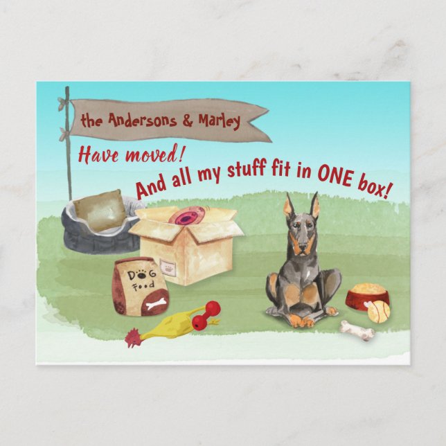 Cartão Postal Movendo os Dog Doberman Toys Nossa Nova Casa (Frente)