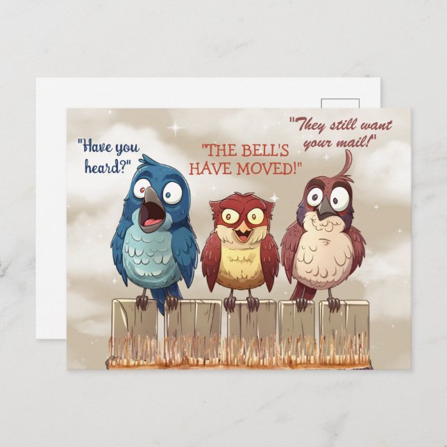 Cartão Postal Movimentamos Pássaros Engraçados na Cerca (Frente/Verso)