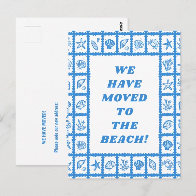 Cartão Postal MOVING ANNOUNCEMENT ADDRESS Blue Seashells Beach (Frente/Verso)