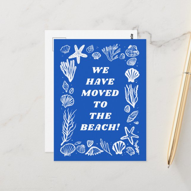 Cartão Postal MOVING ANNOUNCEMENT ADDRESS Blue Seashells Beach (Frente/Verso In Situ)