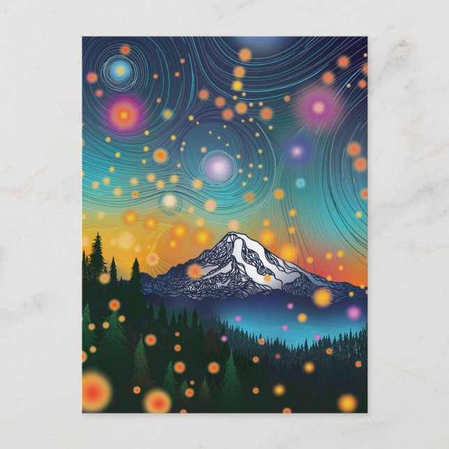 Cartão Postal Mt. Rainier w Eveny Starry Sky e Fireflies (Frente)