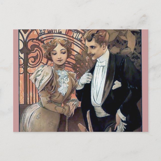 Cartão Postal Mucha flerta homem amor romântico (Frente)