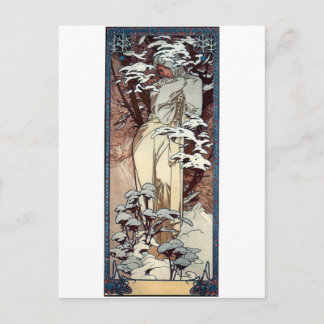 Cartão Postal mucha inverno arte nouveau poster mulher neve