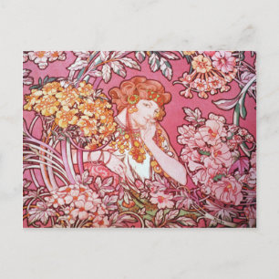 Cartão Postal Mucha Mulher entre Flores Art Nouveau Postcards