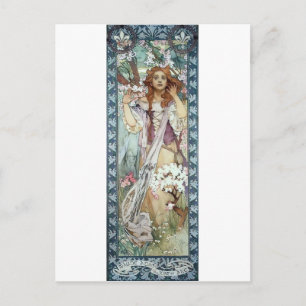 Cartão Postal Mucha Woman Art Deco Flowers Primavera floresce