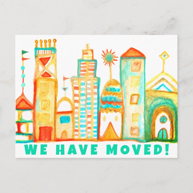 Cartão Postal Mudamos de Endereço Watercolor Town (Frente)