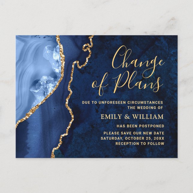 Cartão Postal Mudança de Data do Mármore Azul Dourado Moderno Ad (Frente)