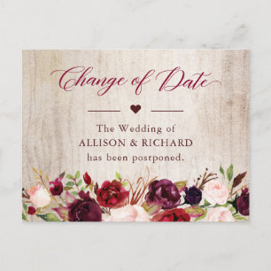 Cartão Postal Mudança de Data Floral Rustic Wood Burgundy Vermel