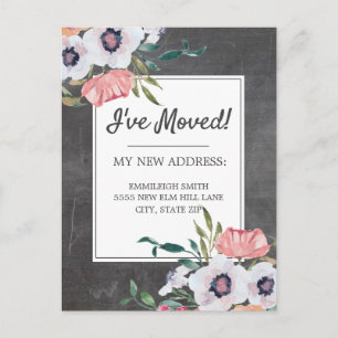 Cartão Postal Mudança de Endereço Quadro de Giz Rosa Floral Bran