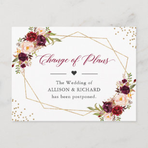Cartão Postal Mudança de Planos Data Burgundy Vermelho Floral Ge