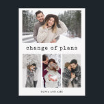 Cartão Postal Mudança de Planos | Texto Simples de Máquina de Es<br><div class="desc">Esses cartões de anúncio de mudança de planos de casamento com grid de múltiplas fotos apresentam uma tipografia simples, porém elegante, com texto de máquina de escrever preto que diz "mudança de planos" em um fundo branco, com espaço para quatro das suas fotos pessoais favoritas. Uma maneira chic e elegante...</div>
