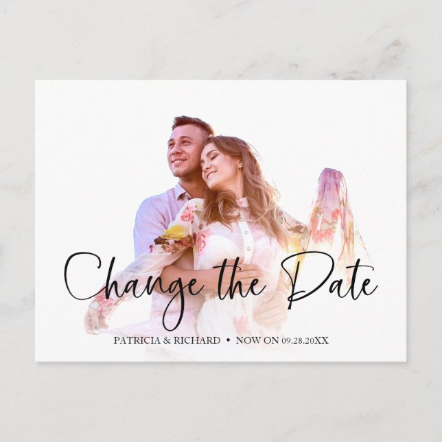 Cartão Postal Mudança Simples e Elegante de Data do Casamento Ad (Frente)