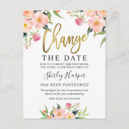 Cartão Postal Mudar a Data Floral Rosa Script Dourado