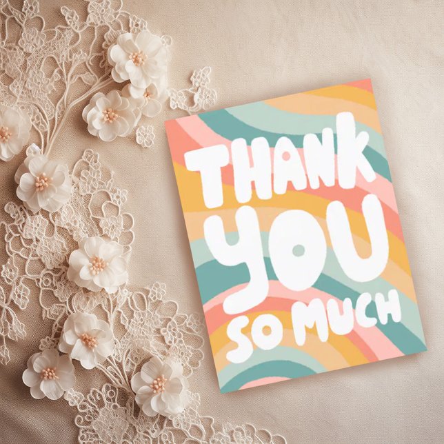 Cartão Postal MUITO OBRIGADO, Pastel Rainbow Stripes PERSONALIZA (Pastel rainbow stripes thank you handlettering bubble letters custom postcard)