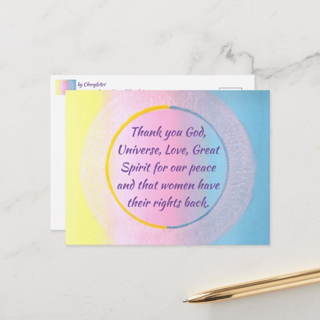 Cartão Postal Muito obrigado pela paz e pelos direitos das mulhe (Frente/Verso In Situ)