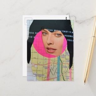 Cartão Postal Mulher Abstrata com Colagem de Cabelo Preto