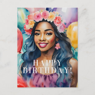 Cartão Postal Mulher Africana Feliz Balões de Aniversário Feliz