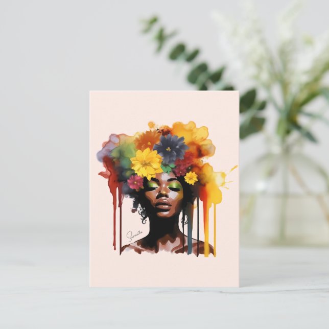 Cartão Postal Mulher afro-americana com cabelo afro floral (Em pé/Frente)