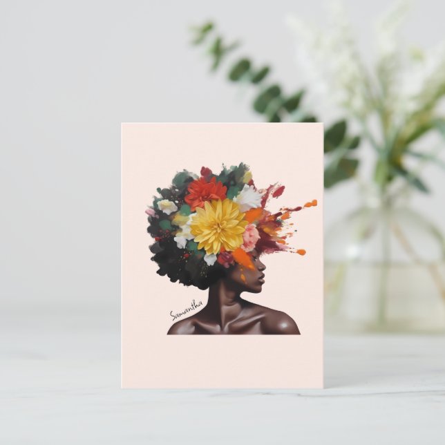 Cartão Postal Mulher Afro-Americana com Cabelo Afro Floral (2) (Em pé/Frente)