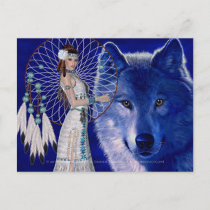 Cartão Postal Mulher Americana Nativa e Lobo Azul Design 2