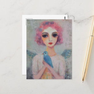 Cartão Postal Mulher Anjo com cabelo cor-de-rosa e pássaro azul