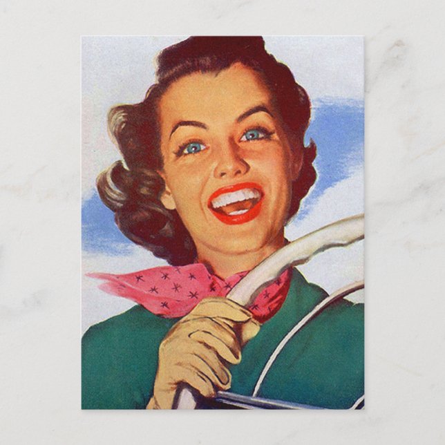 Cartão Postal Mulher Antiga Dirigindo ao Volante (Frente)