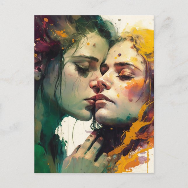 Cartão Postal Mulher apaixonada pintura mista colorida (Frente)