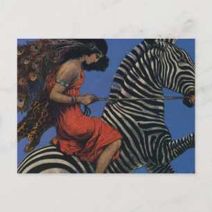 Cartão Postal Mulher Art Nouveau Zebra Vintage