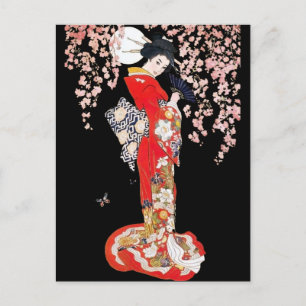 Cartão Postal Mulher asiática com Cherry Blossom Night