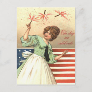 Cartão Postal Mulher Bandeira dos EUA Fogos de Artifício Artefat