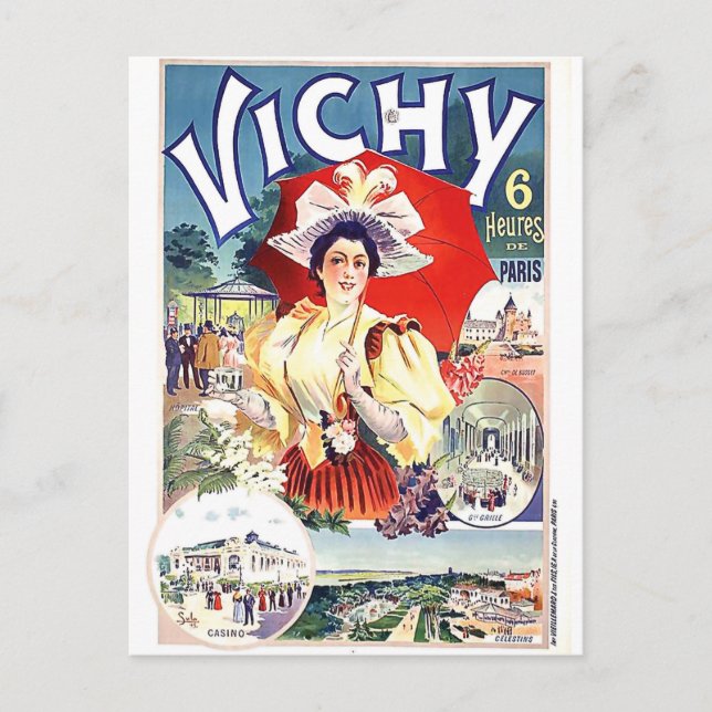 Cartão Postal Mulher bebe água da cidade de Vichy Spa, França (Frente)