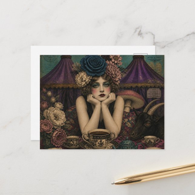 Cartão Postal Mulher Bebe Chá no Circo Com Bode Preto (Frente/Verso In Situ)