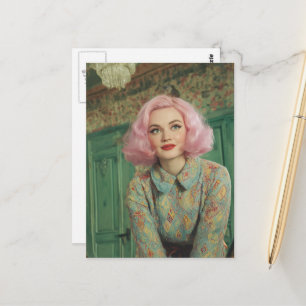 Cartão Postal Mulher Bonita Cabelo Rosa Casa Retrô