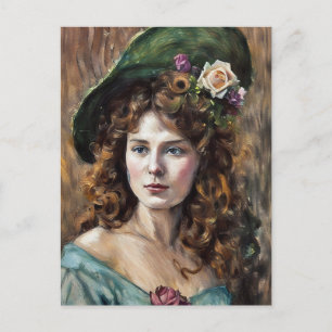 Cartão Postal Mulher bonita com chapéu de flor desenho de arte p