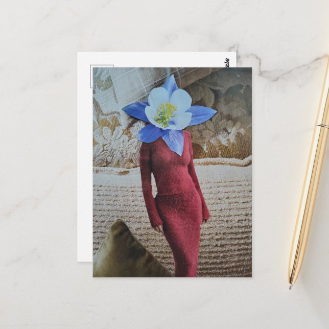 Cartão Postal Mulher Bonita Com Colagem de Cabeça de Flor (Frente/Verso In Situ)