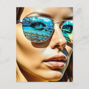 Cartão Postal Mulher Bonita com Reflexo de Óculos de Sol de Prai