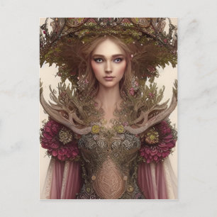 Cartão Postal Mulher Bonita de Plantas e Flores da Floresta