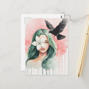 Cartão Postal Mulher Bonita e Pássaro Preto