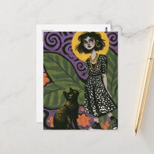 Cartão Postal Mulher bonita e seu gato 