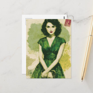 Cartão Postal Mulher Bonita no Vestido Verde