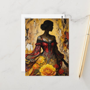 Cartão Postal Mulher Bonita Vestido Vermelho Rosas Amarelas
