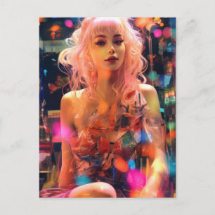 Cartão Postal Mulher Cabelo Rosa Pastel