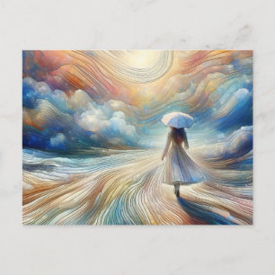 Cartão Postal Mulher caminhando com Umbrella