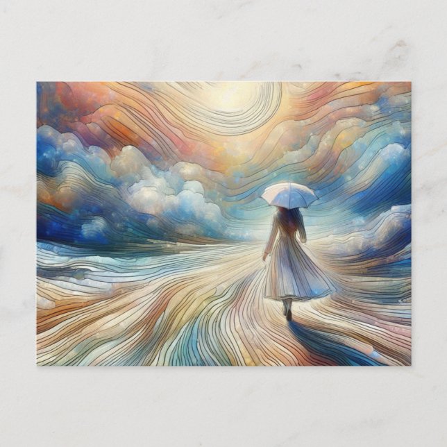 Cartão Postal Mulher caminhando com Umbrella (Frente)
