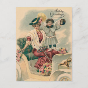 Cartão Postal Mulher Carro Querubim Anjo Rosas
